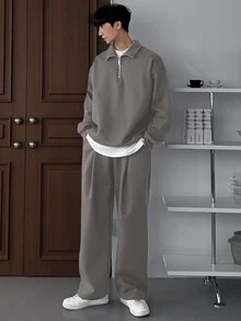 DAZY Men's Solid Color Fleece Sweatsuit Set, Autumn/Winter, Cozy Outfits - Dark Grey - View 3