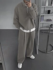 DAZY Men's Solid Color Fleece Sweatsuit Set, Autumn/Winter, Cozy Outfits - Dark Grey - View 6
