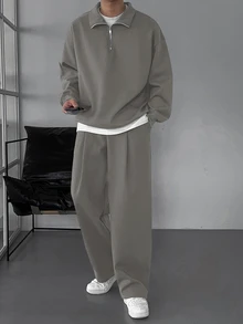 DAZY Men's Solid Color Fleece Sweatsuit Set, Autumn/Winter, Cozy Outfits - Dark Grey - View 5