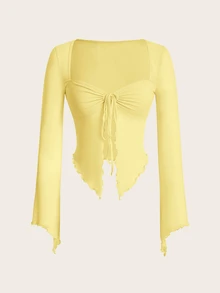 Sweetina Y2k Cute Front Drawstring Sweetheart Sheer T-Shirt Festival Fall Outfits - Light Yellow - View 2