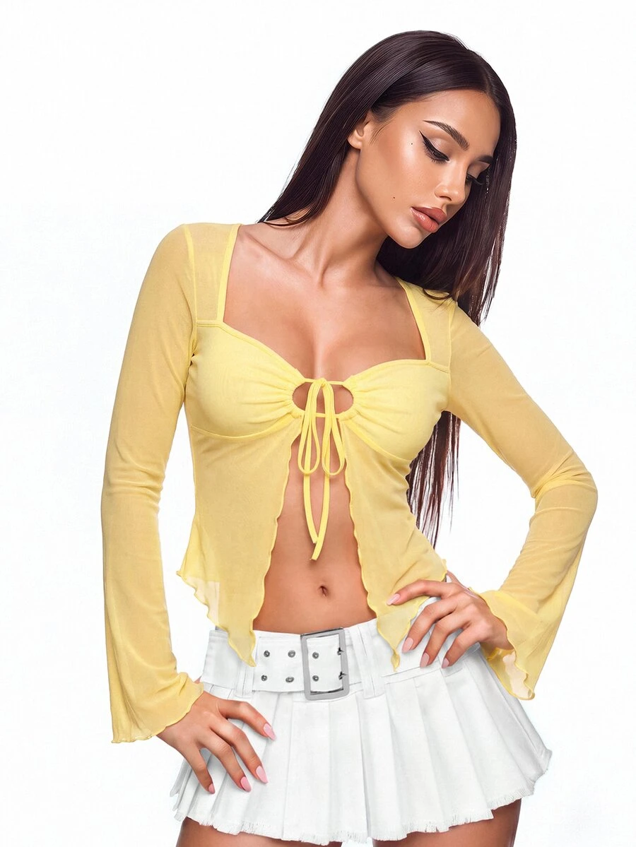 Sweetina Y2k Cute Front Drawstring Sweetheart Sheer T-Shirt Festival Fall Outfits - Light Yellow - View 1