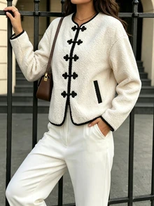 SHEIN Women's New Chinese Style Frog Closure Lamb Fleece Jacket Fall Contrast Trim Round Neck Loose Drop Shoulder Fuzzy Cardigan Retro Elegant - White - View 5
