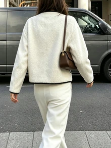 SHEIN Women's New Chinese Style Frog Closure Lamb Fleece Jacket Fall Contrast Trim Round Neck Loose Drop Shoulder Fuzzy Cardigan Retro Elegant - White - View 2