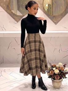 SHEIN 兒童青少年女孩立領長袖拼接格紋洋裝 - 彩色 - 查看 3