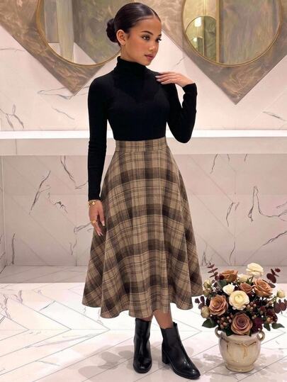 SHEIN Kids Tween Girls Dresses Stand Collar Long Sleeve Patchwork Plaid Dress