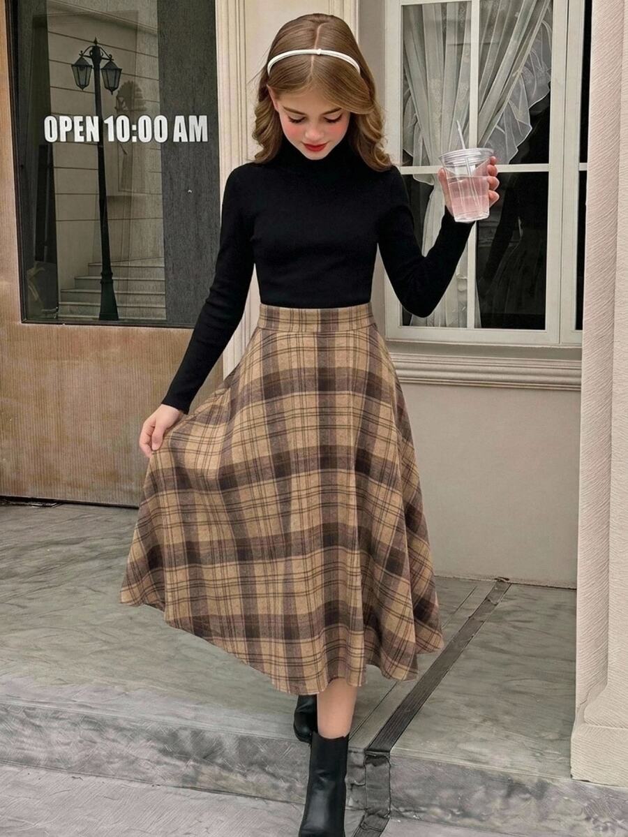 SHEIN 兒童青少年女孩立領長袖拼接格紋洋裝 - 彩色 - 查看 1