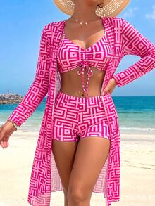 SHEIN Swim New Summer 3-Piece Beachwear Set Featuring A High-Waisted Bikini And A Sheer Long Cover-Up; Showcases A Maze-Pattern Print.Vacation Outfits Women. - Hot Pink - View 3