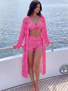 SHEIN Swim New Summer 3-Piece Beachwear Set Featuring A High-Waisted Bikini And A Sheer Long Cover-Up; Showcases A Maze-Pattern Print.Vacation Outfits Women. - Hot Pink - View 1