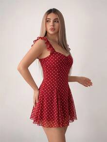 SHEIN ICON Women's French Red And White Polka Dot Print Pleated Ruffle Hem Dress Picnic Vacation Summer Romantic Vintage Cute - Burgundy - View 4