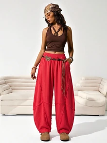 Solflare Plus Size Women's Casual Pocket Pleated Raw Hem Loose Pants Fall - Burgundy - View 3