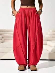 Solflare Plus Size Women's Casual Pocket Pleated Raw Hem Loose Pants Fall - Burgundy - View 4