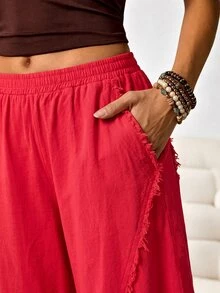 Solflare Plus Size Women's Casual Pocket Pleated Raw Hem Loose Pants Fall - Burgundy - View 6