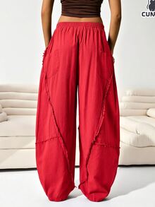 Solflare Plus Size Women's Casual Pocket Pleated Raw Hem Loose Pants Fall - Burgundy - View 2