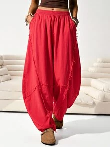 Solflare Plus Size Women's Casual Pocket Pleated Raw Hem Loose Pants Fall - Burgundy - View 1