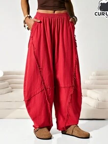 Solflare Plus Size Women's Casual Pocket Pleated Raw Hem Loose Pants Fall - Burgundy - View 5