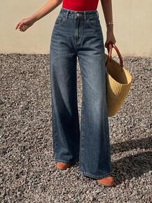 DAZY Women's Casual Mid-Waist Loose Wide-Leg Jeans - Dark Wash - View 3