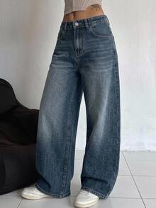 DAZY Women's Casual Mid-Waist Loose Wide-Leg Jeans - Dark Wash - View 7