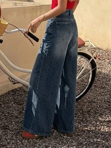 DAZY Women's Casual Mid-Waist Loose Wide-Leg Jeans - Dark Wash - View 6