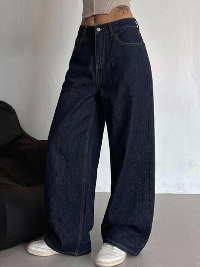 DAZY Women's Loose High Waist Slimming Straight Leg Denim Jeans, Minimalist Versatile Comfortable Floor Length Pants Summer