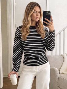 Easowa Women's Striped Casual Versatile Daily Wear Long Sleeve Sweatshirt - Black and White - View 1