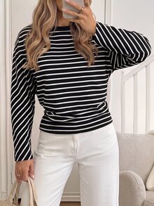 Easowa Women's Striped Casual Versatile Daily Wear Long Sleeve Sweatshirt - Black and White - View 2
