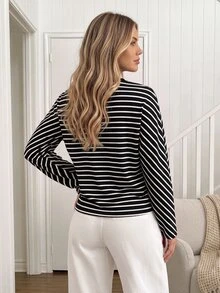 Easowa Women's Striped Casual Versatile Daily Wear Long Sleeve Sweatshirt - Black and White - View 4