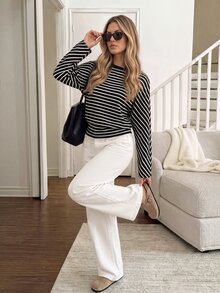 Easowa Women's Striped Casual Versatile Daily Wear Long Sleeve Sweatshirt - Black and White - View 3