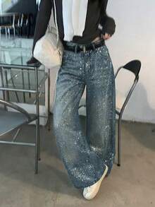 DAZY Women's Rhinestone Embellished Casual Loose Wide-Leg Jeans, Korean Style - Blue - View 3