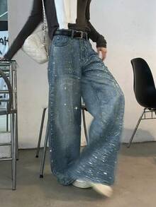 DAZY Women's Rhinestone Embellished Casual Loose Wide-Leg Jeans, Korean Style - Blue - View 5