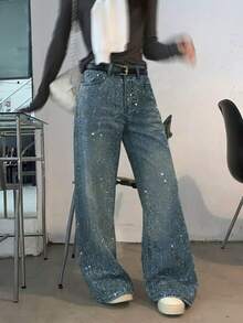 DAZY Women's Rhinestone Embellished Casual Loose Wide-Leg Jeans, Korean Style - Blue - View 4