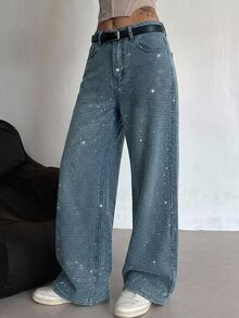 DAZY Women's Rhinestone Embellished Casual Loose Wide-Leg Jeans, Korean Style - Blue - View 6