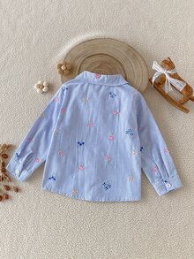 SHEIN Girls Spring Autumn Winter Mori Style Floral Striped Shirt Soft Cotton Blend Wrinkle-Resistant Casual Blouse For Daily Wear And Outings - Baby Blue - View 3