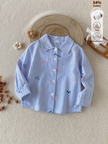 SHEIN Girls Spring Autumn Winter Mori Style Floral Striped Shirt Soft Cotton Blend Wrinkle-Resistant Casual Blouse For Daily Wear And Outings - Baby Blue - View 5