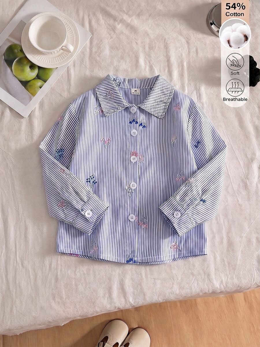 SHEIN Girls Spring Autumn Winter Mori Style Floral Striped Shirt Soft Cotton Blend Wrinkle-Resistant Casual Blouse For Daily Wear And Outings