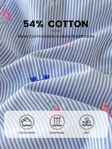 SHEIN Girls Spring Autumn Winter Mori Style Floral Striped Shirt Soft Cotton Blend Wrinkle-Resistant Casual Blouse For Daily Wear And Outings - Baby Blue - View 6