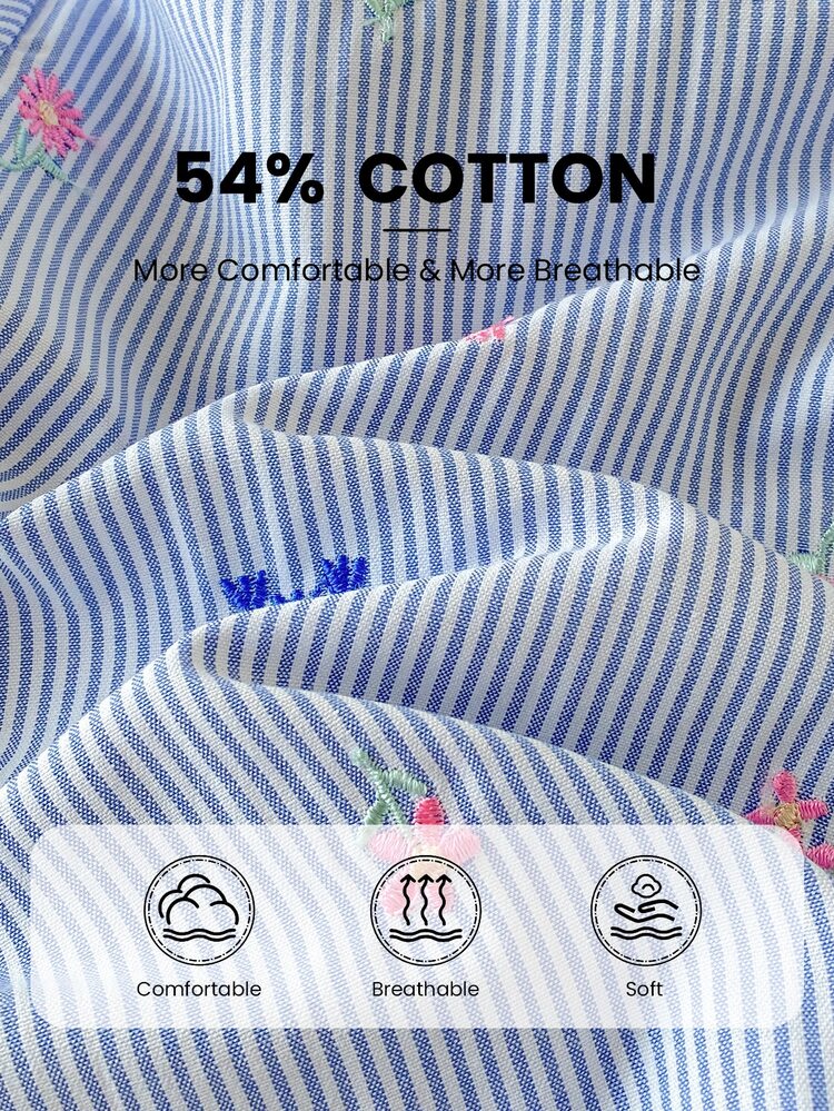 SHEIN Girls Spring Autumn Winter Mori Style Floral Striped Shirt Soft Cotton Blend Wrinkle-Resistant Casual Blouse For Daily Wear And Outings - Baby Blue - View 5