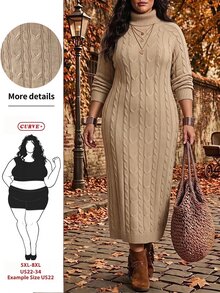 SHEIN CURVE+ Women's Plus Size Long Sleeve Sweater Dress Winter - Apricot - View 1