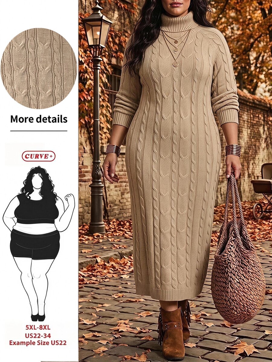 SHEIN CURVE+ Women's Plus Size Long Sleeve Sweater Dress Winter - Apricot - View 1