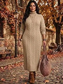 SHEIN CURVE+ Women's Plus Size Long Sleeve Sweater Dress Winter - Apricot - View 6