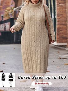 SHEIN CURVE+ Women's Plus Size Long Sleeve Sweater Dress Winter - Apricot - View 7