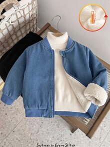 Vintaside Kids 1pc Toddler Boy Baby Boys Denim Bomber Jacket Preppy Cute Blue Zip Up Ribbed Trim Long Sleeve Ribbed Collar Thick Outdoor Fall Winter Plush - Blue - View 9