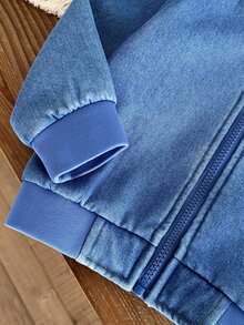 Vintaside Kids 1pc Toddler Boy Baby Boys Denim Bomber Jacket Preppy Cute Blue Zip Up Ribbed Trim Long Sleeve Ribbed Collar Thick Outdoor Fall Winter Plush - Blue - View 12