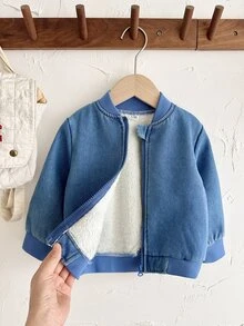 Vintaside Kids 1pc Toddler Boy Baby Boys Denim Bomber Jacket Preppy Cute Blue Zip Up Ribbed Trim Long Sleeve Ribbed Collar Thick Outdoor Fall Winter Plush - Blue - View 3