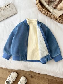 Vintaside Kids 1pc Toddler Boy Baby Boys Denim Bomber Jacket Preppy Cute Blue Zip Up Ribbed Trim Long Sleeve Ribbed Collar Thick Outdoor Fall Winter Plush - Blue - View 7