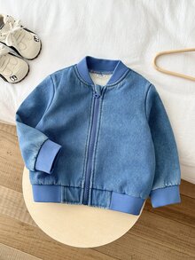 Vintaside Kids 1pc Toddler Boy Baby Boys Denim Bomber Jacket Preppy Cute Blue Zip Up Ribbed Trim Long Sleeve Ribbed Collar Thick Outdoor Fall Winter Plush - Blue - View 4