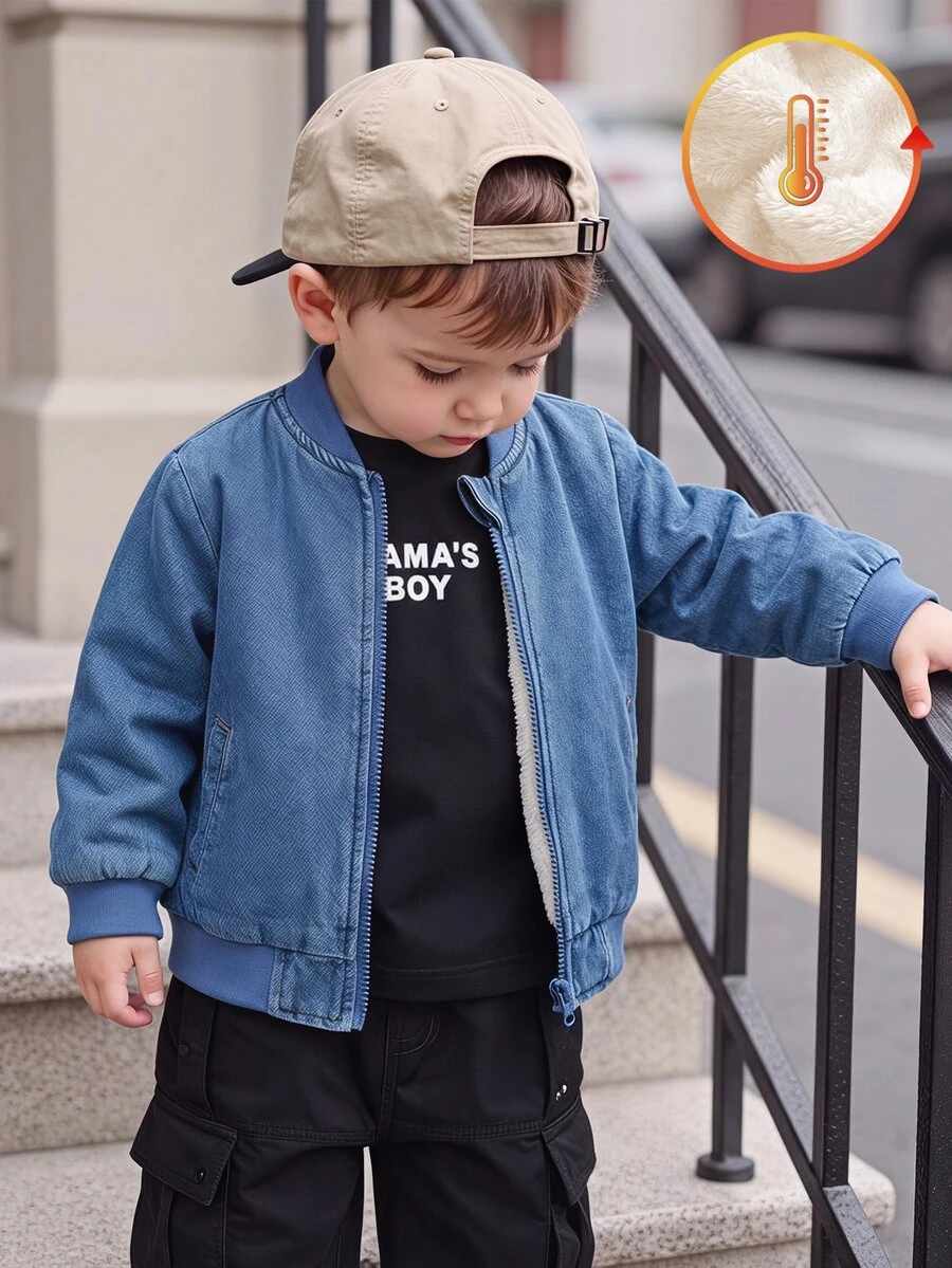 Vintaside Kids 1pc Toddler Boy Baby Boys Denim Bomber Jacket Preppy Cute Blue Zip Up Ribbed Trim Long Sleeve Ribbed Collar Thick Outdoor Fall Winter Plush - Blue - View 1