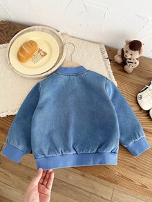 Vintaside Kids 1pc Toddler Boy Baby Boys Denim Bomber Jacket Preppy Cute Blue Zip Up Ribbed Trim Long Sleeve Ribbed Collar Thick Outdoor Fall Winter Plush - Blue - View 2