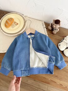 Vintaside Kids 1pc Toddler Boy Baby Boys Denim Bomber Jacket Preppy Cute Blue Zip Up Ribbed Trim Long Sleeve Ribbed Collar Thick Outdoor Fall Winter Plush - Blue - View 8