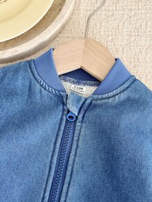 Vintaside Kids 1pc Toddler Boy Baby Boys Denim Bomber Jacket Preppy Cute Blue Zip Up Ribbed Trim Long Sleeve Ribbed Collar Thick Outdoor Fall Winter Plush - Blue - View 10