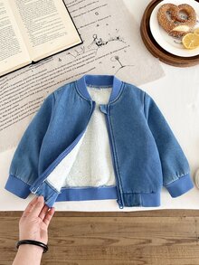 Vintaside Kids 1pc Toddler Boy Baby Boys Denim Bomber Jacket Preppy Cute Blue Zip Up Ribbed Trim Long Sleeve Ribbed Collar Thick Outdoor Fall Winter Plush - Blue - View 6